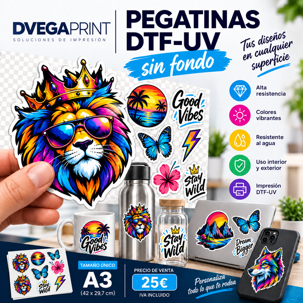 Pegatinas DTF UV sin fondo A3 - DVEGAPRINT