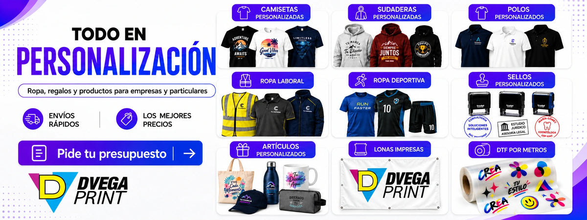 DVEGAPRINT: todo en personalización. Camisetas, sudaderas, polos, ropa laboral y deportiva, sellos, regalos, lonas impresas y DTF por metros.