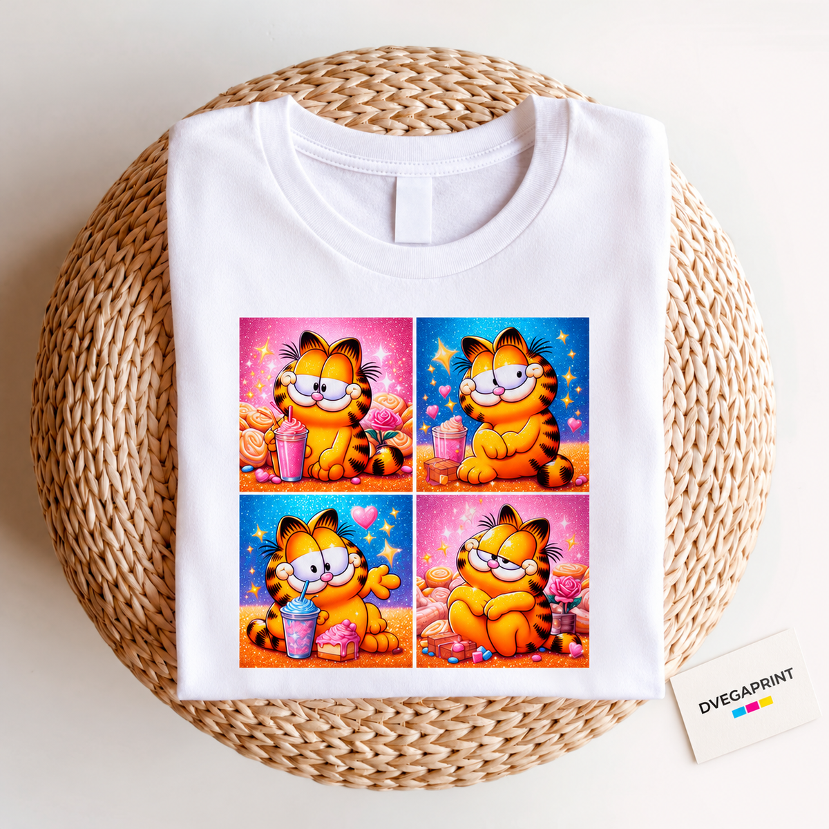 Camiseta Disney cuadros Garfield dulces, color blanco, estampado frontal