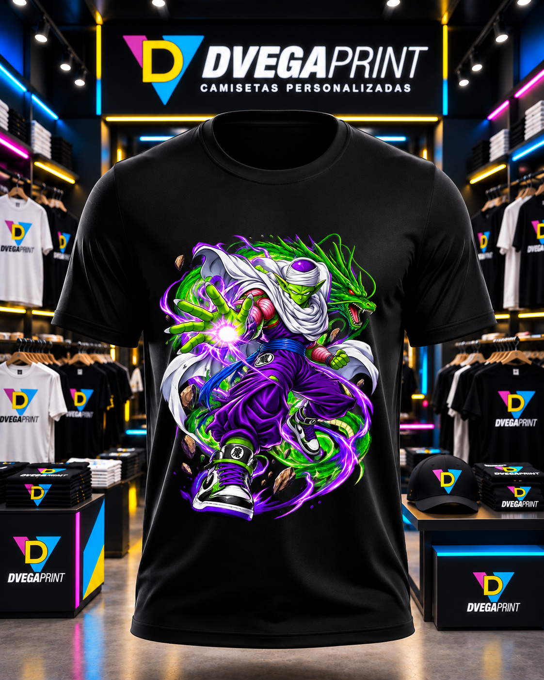 Camiseta Dragon Ball Piccolo, color negro, estampado frontal