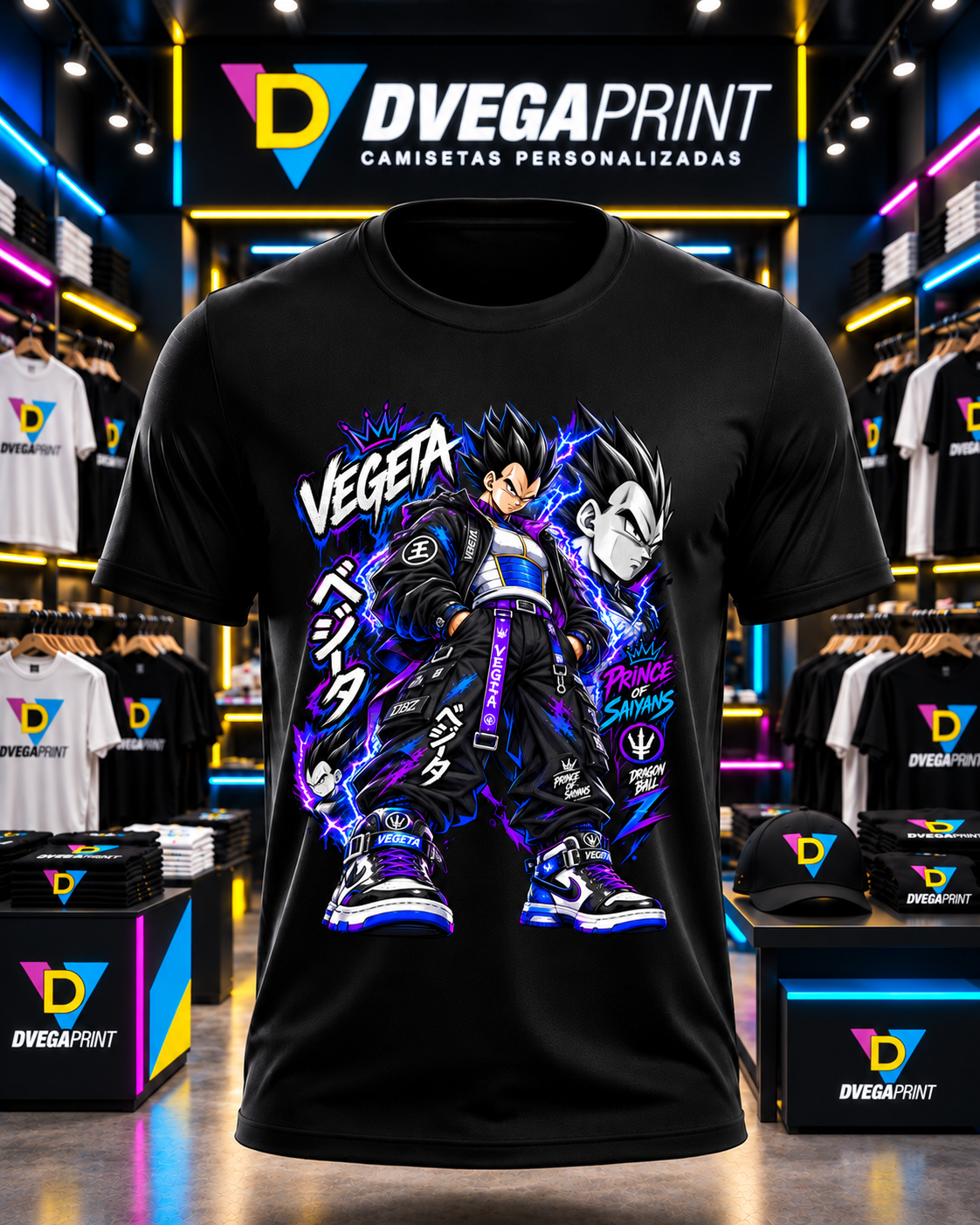 Camiseta Dragon Ball Vegeta urbano, color negro, estampado frontal