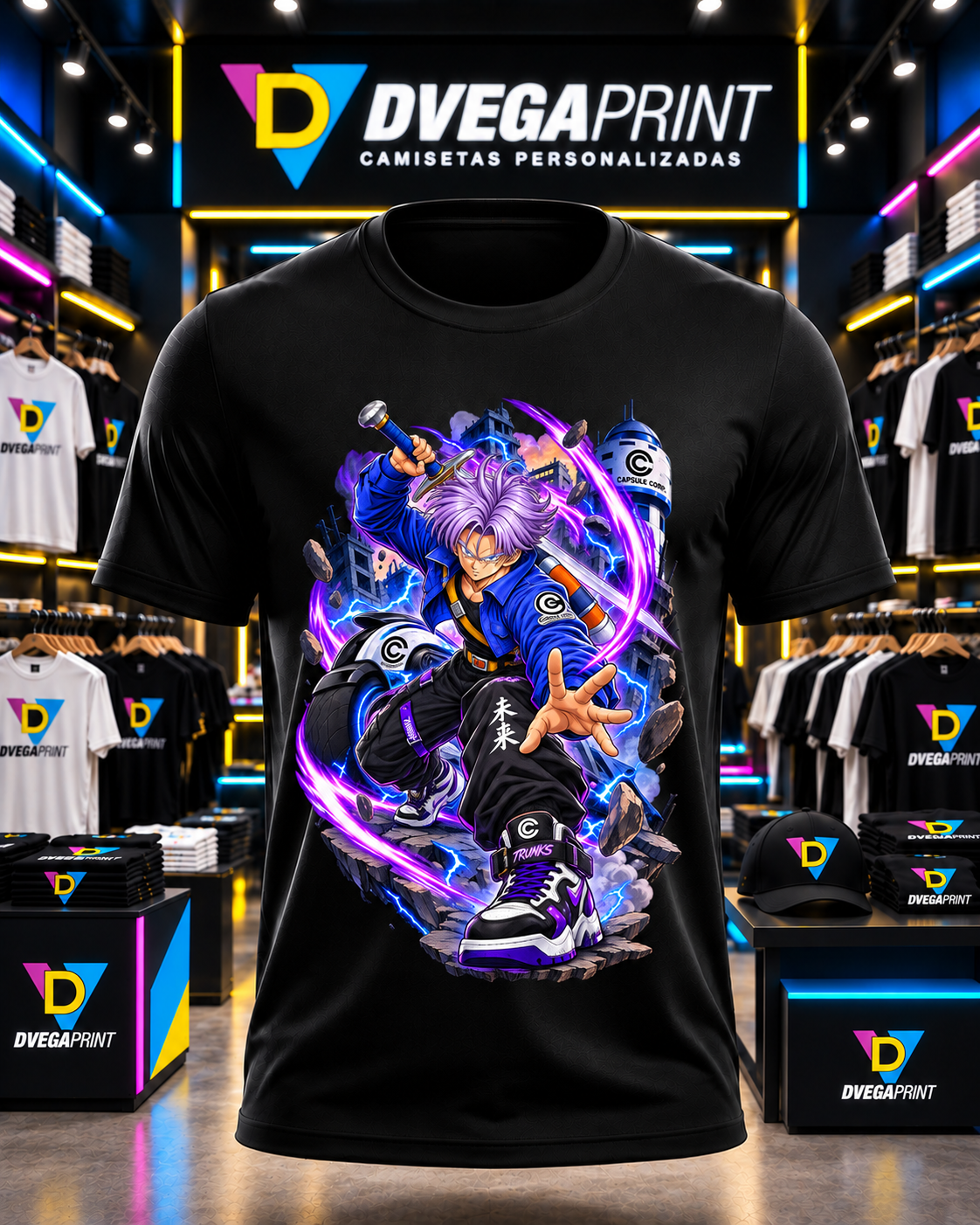 Camiseta Dragon Ball Trunks, color negro, estampado frontal