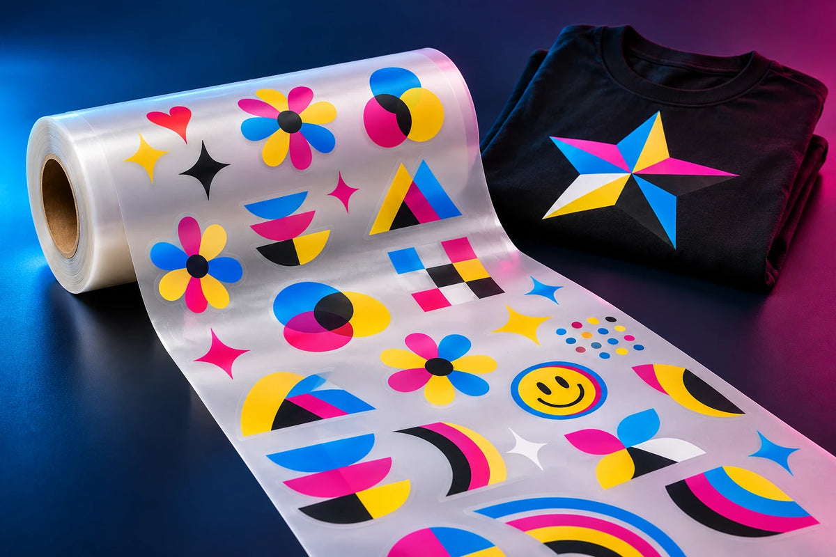 Rollo de film DTF con diseños a todo color junto a una camiseta personalizada