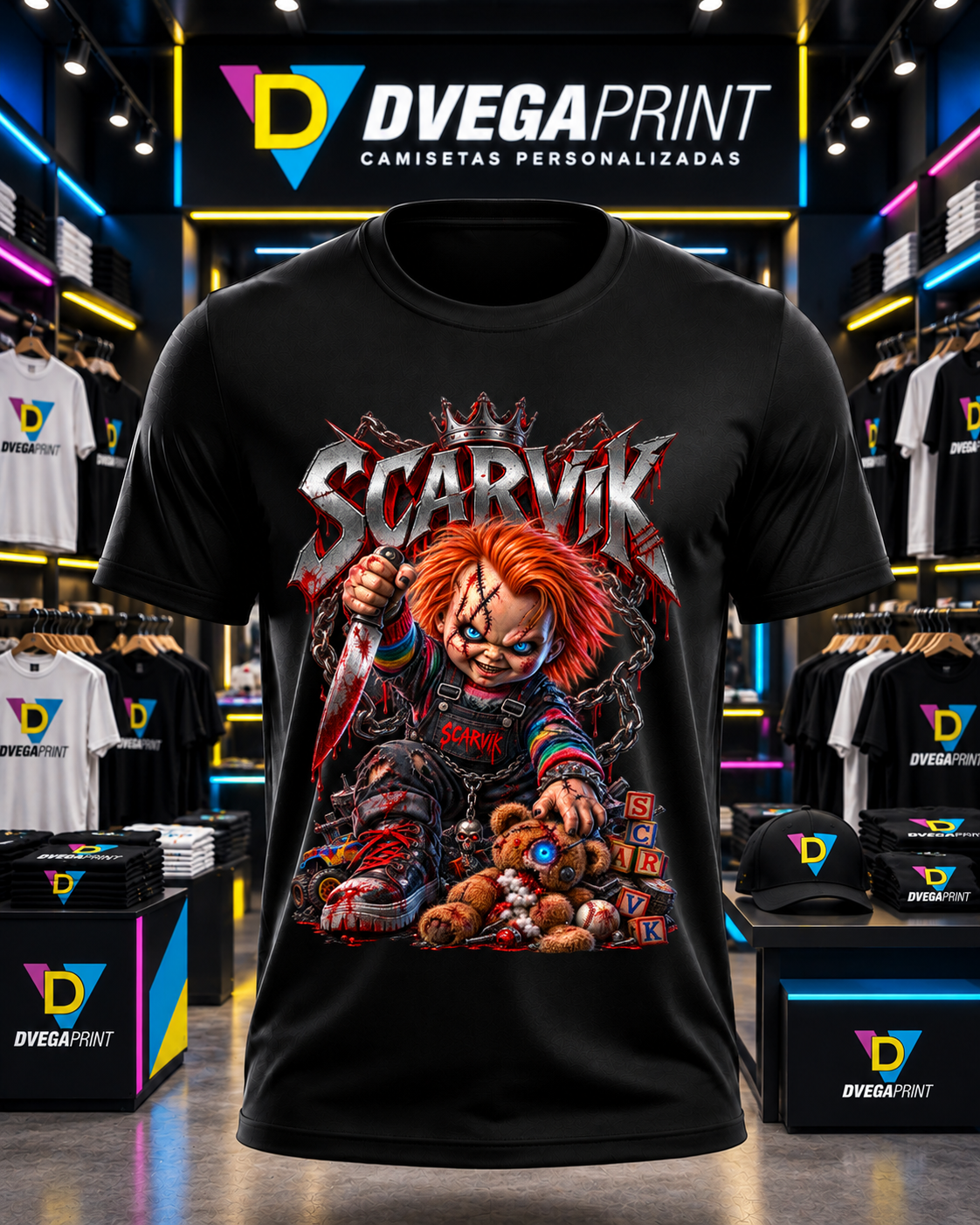 Camiseta negra Halloween Muñeco diabólico en estudio Dvegaprint