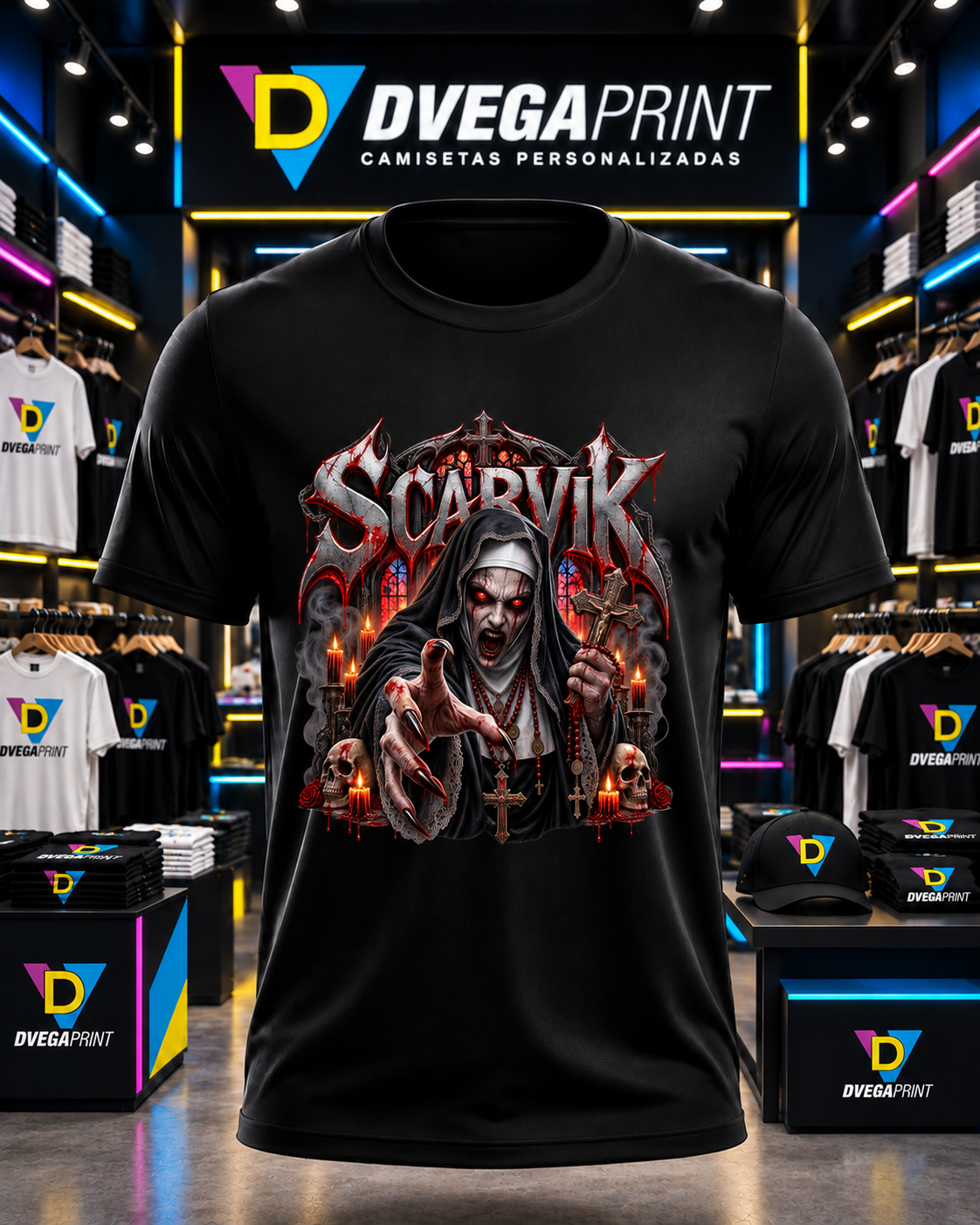 Camiseta negra Halloween Monja siniestra en estudio Dvegaprint
