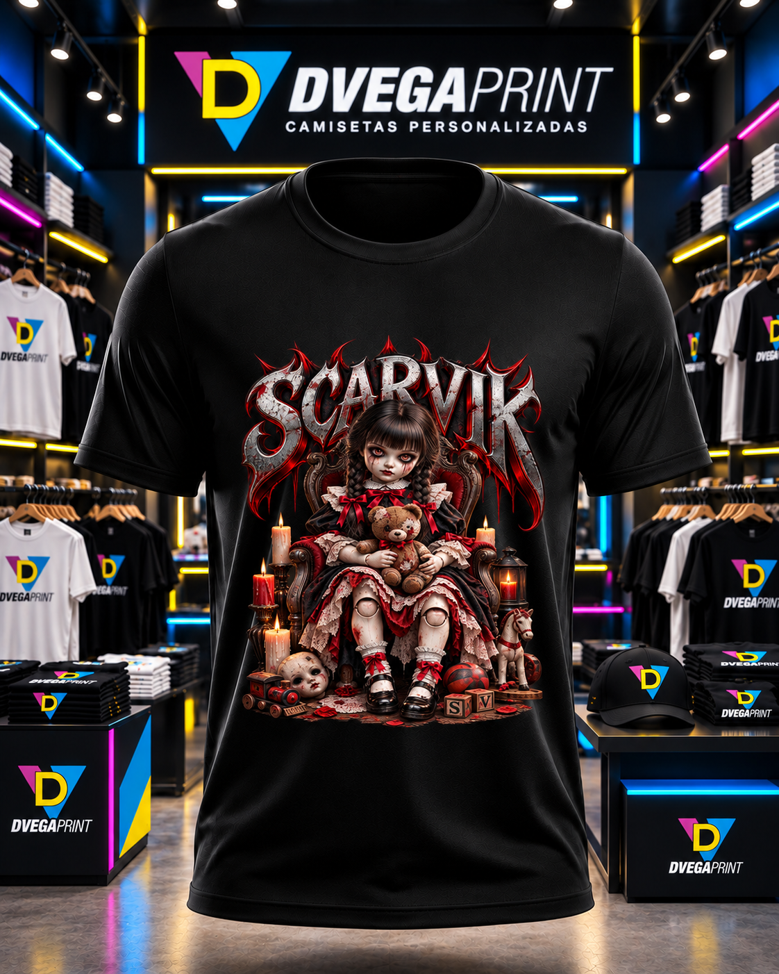 Camiseta negra Halloween Muñeca maldita en estudio Dvegaprint