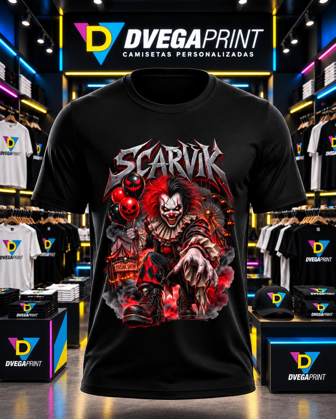 Camiseta negra Halloween Payaso siniestro en estudio Dvegaprint