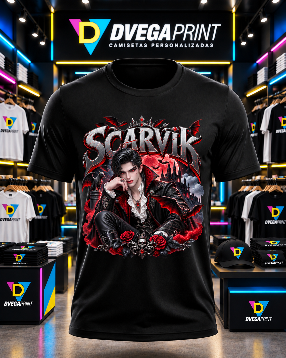 Camiseta negra Halloween Vampiro gótico en estudio Dvegaprint