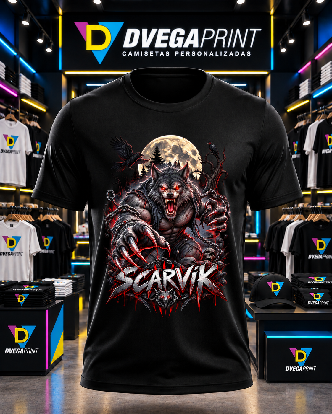 Camiseta negra Halloween Hombre lobo en estudio Dvegaprint