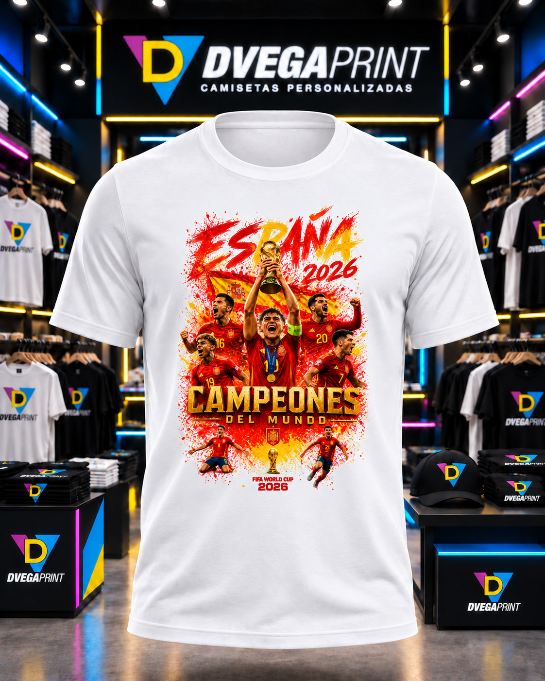 Camiseta España Mundial – Campeones 2026, Dogo Premium blanca, estampado frontal reducido