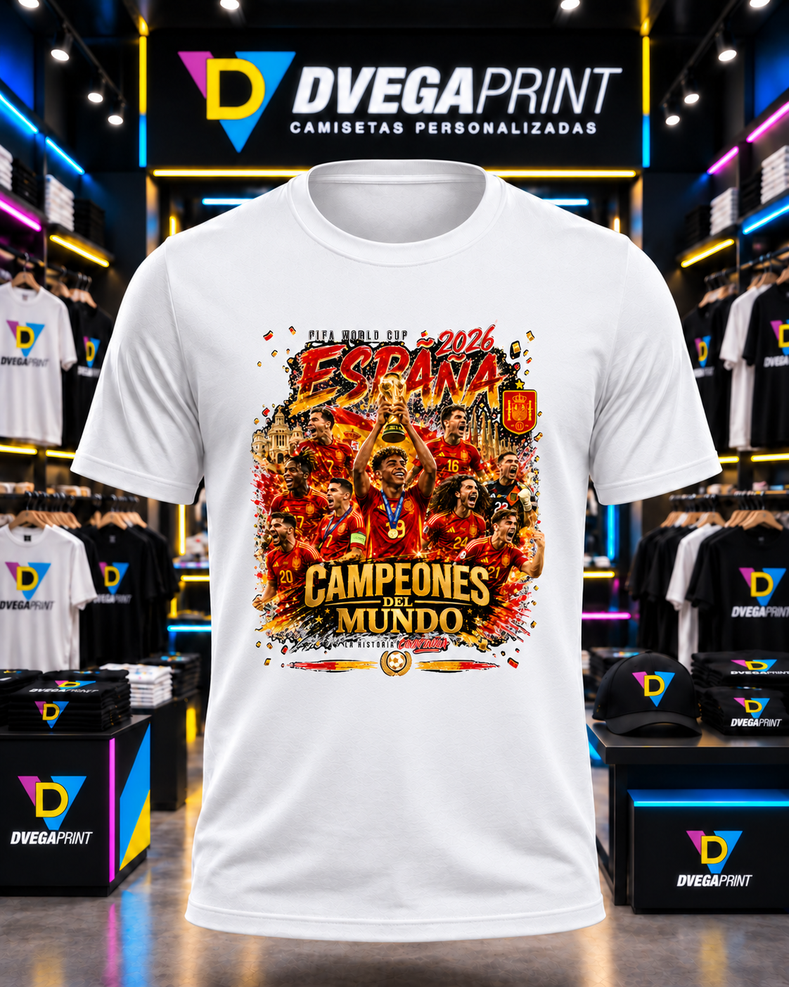 Camiseta España Mundial – La historia continúa, Dogo Premium blanca, estampado frontal reducido