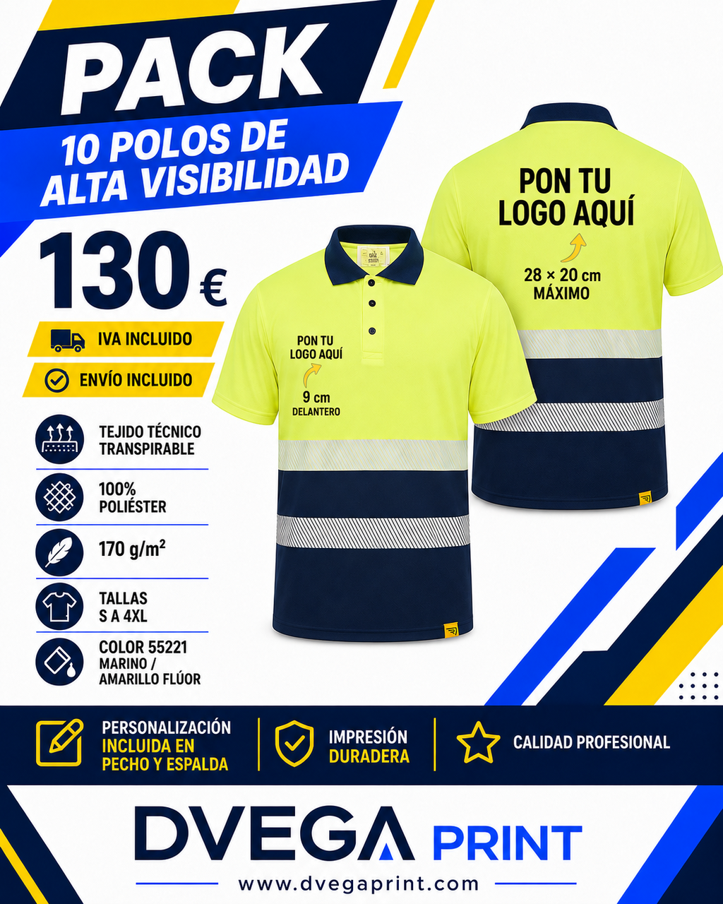 Oferta pack de 10 polos de alta visibilidad personalizados