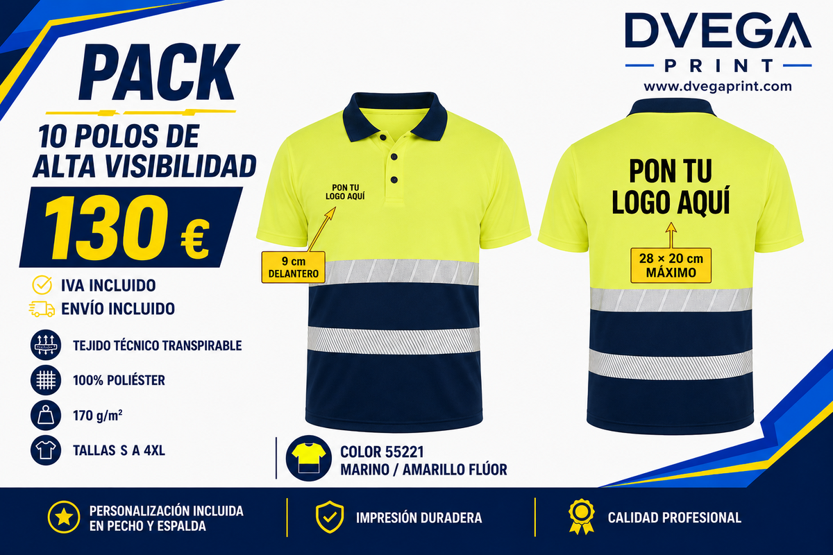 Pack 10 polos Vega HV9315 marino y amarillo flúor