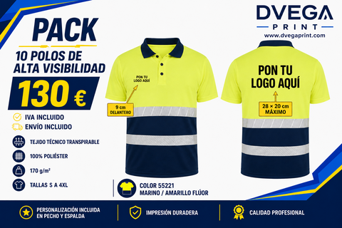 Pack 10 polos Vega HV9315 marino y amarillo flúor