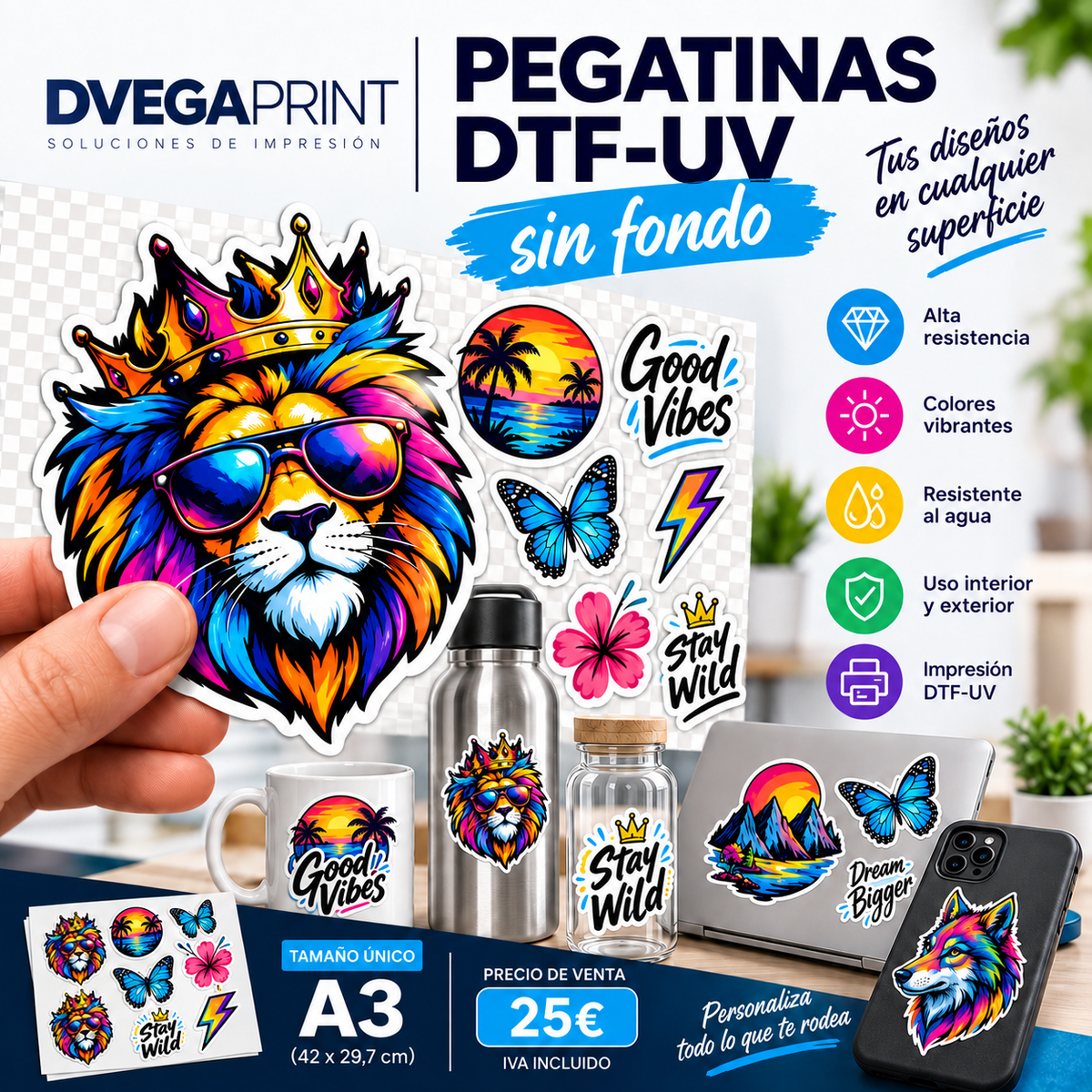 Pegatinas DTF UV sin fondo A3 - DVEGAPRINT